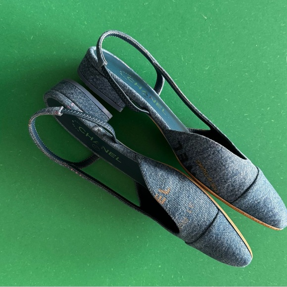 Chanel Denim light blue Shoes 22S Slingback Flat with Colorful Logos 37.5- 7.5 - Picture 4 of 8